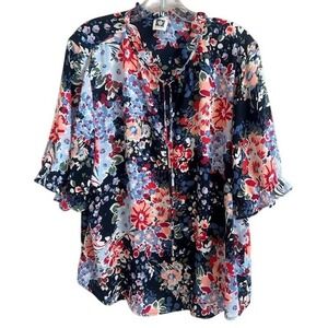 Anne Klein Women's Blue & Red Floral V-Neck Short Sleeve Blouse XL